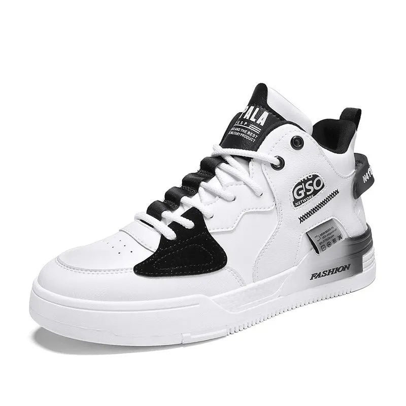 Men's canvas high-top sports casual shoes in khaki with PU upper, rubber sole, and slingback design on a white background.