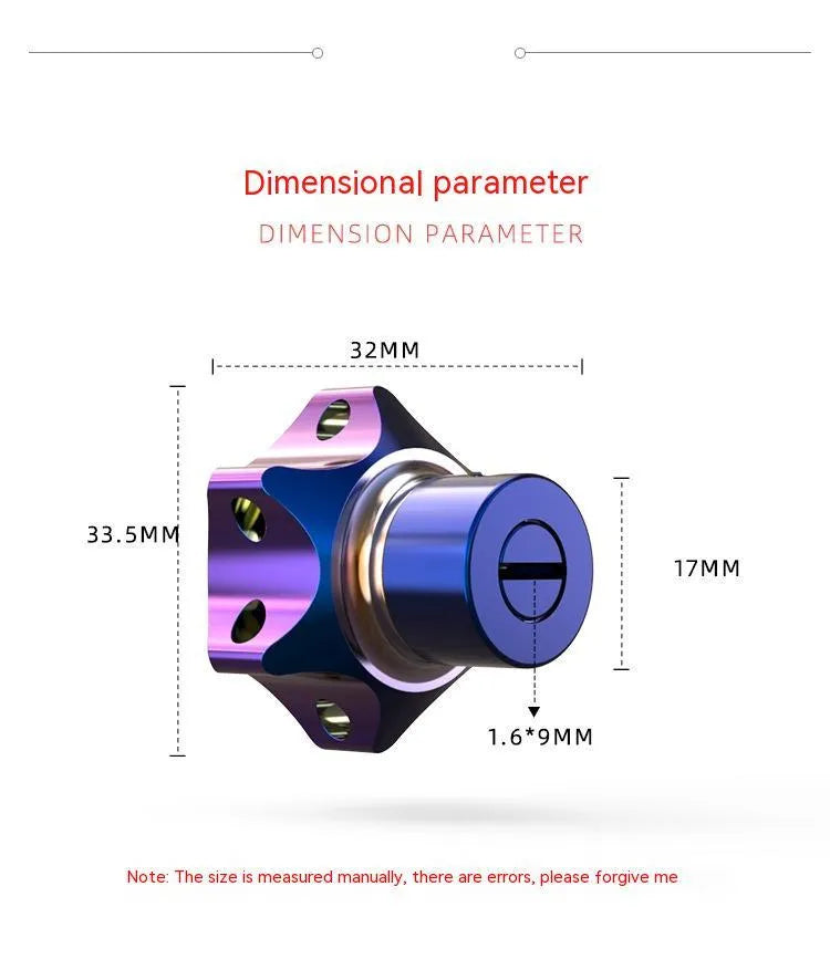 Motorcycle key head cover in T6 aluminium alloy showing hexagonal, five-pointed star and plum blossom designs