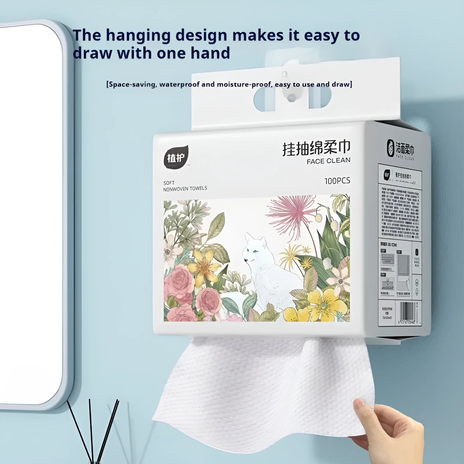 Disposable face cloth roll with hanging mechanism and 100 sheets in soft cotton style