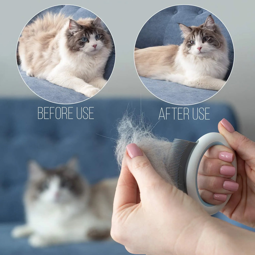 Blue pet grooming comb for cats and dogs with deshedding teeth on plastic handle