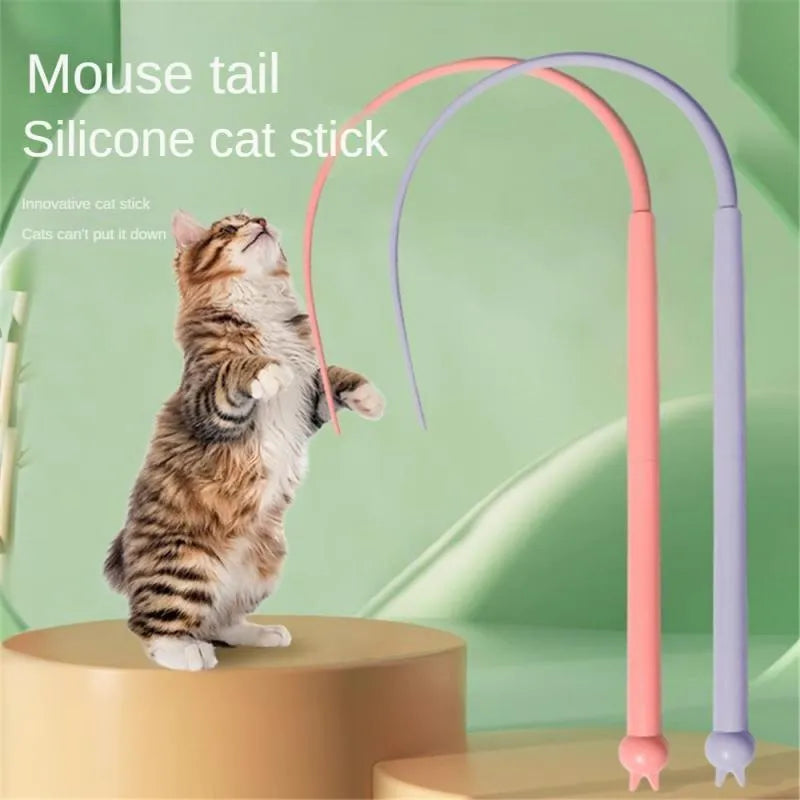 Blue cat teaser stick with silicone mouse tail and cat head design for interactive play