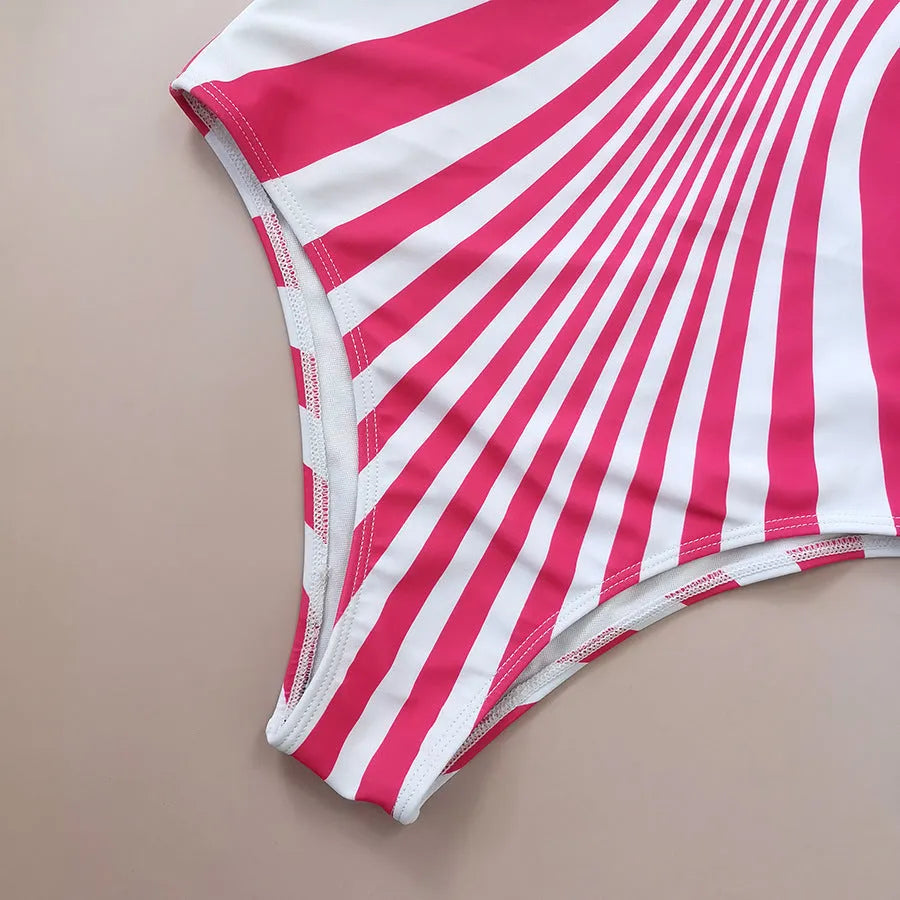Women's pink striped one-piece swimsuit with digital printing front and back.
