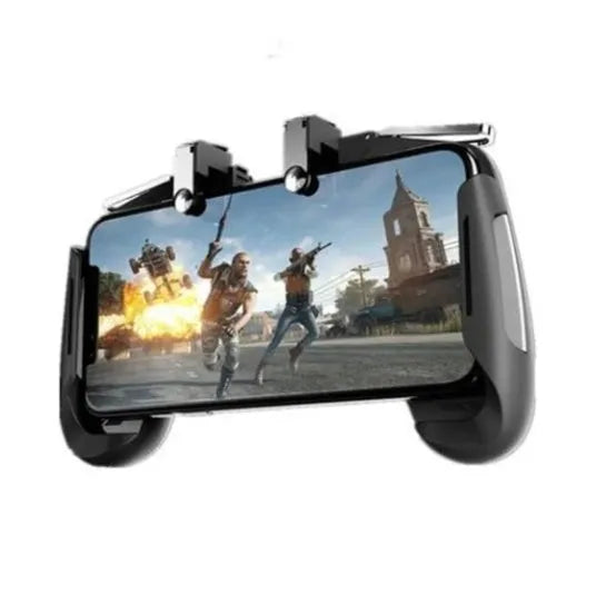 Black telescopic mobile game handle clipped onto a smartphone, showing left and right grip.