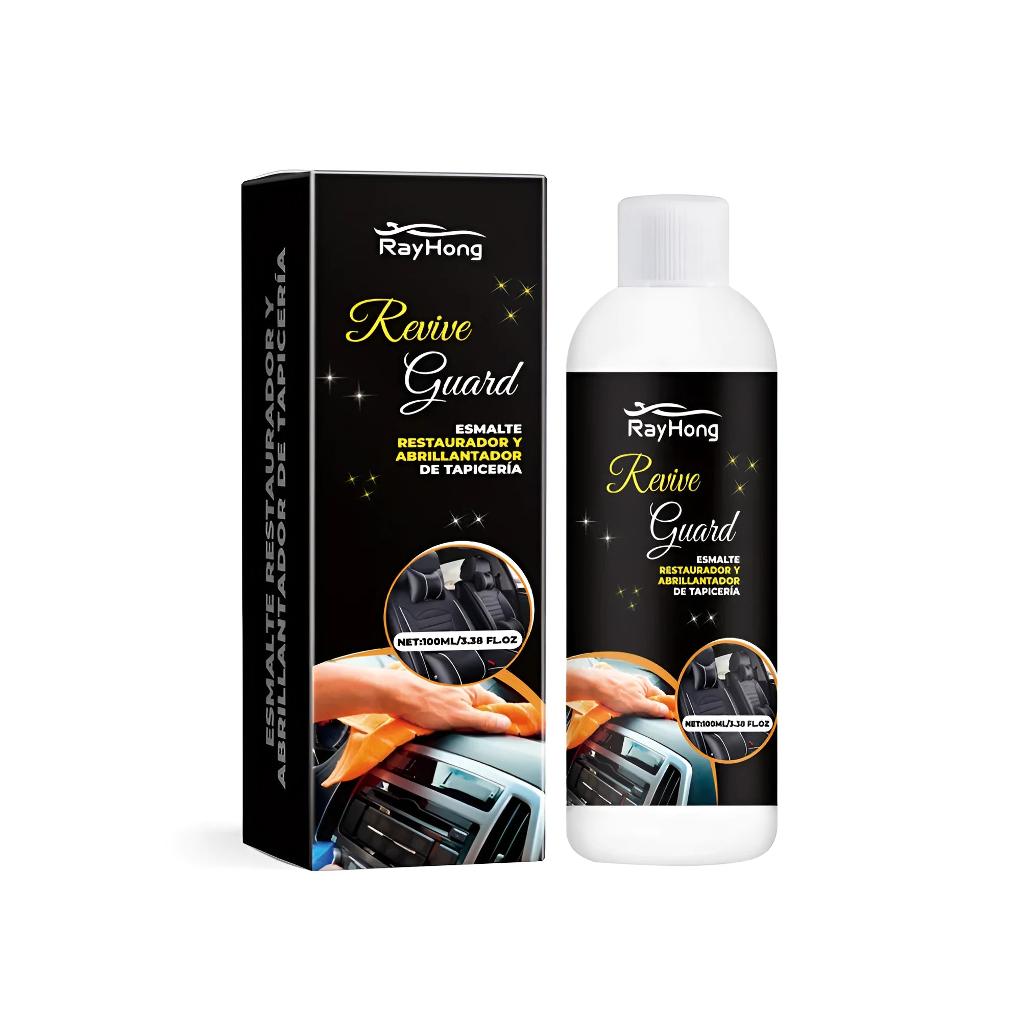 Car interior polish box measuring 3.8cm by 12.3cm with disodium EDTA and sodium bicarbonate formula