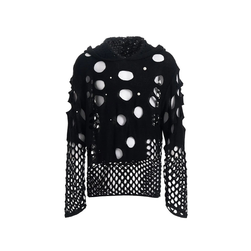 Men's black hollow knit hoodie with pearl decoration on front, loose fit pullover with hood