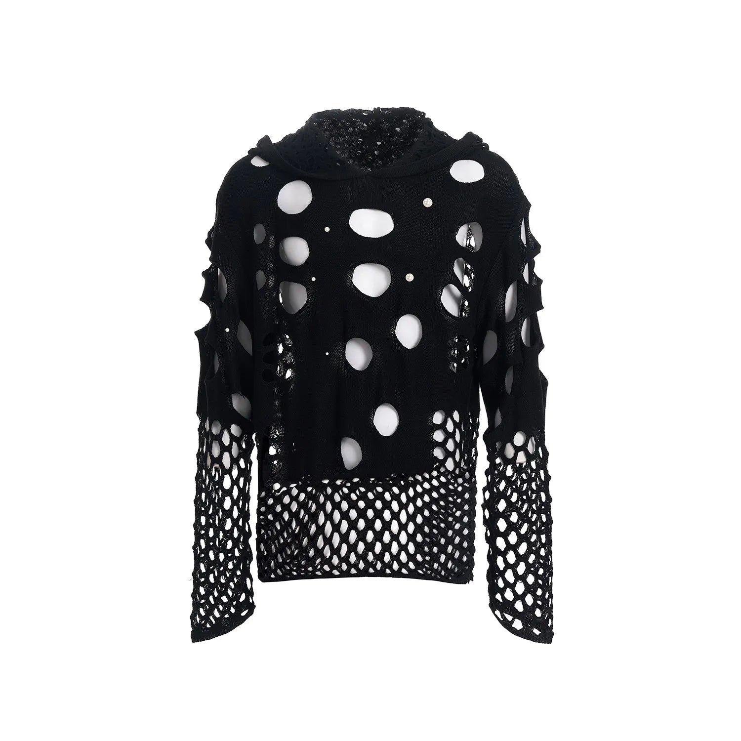 Men's black hollow knit hoodie with pearl decoration on front, loose fit pullover with hood