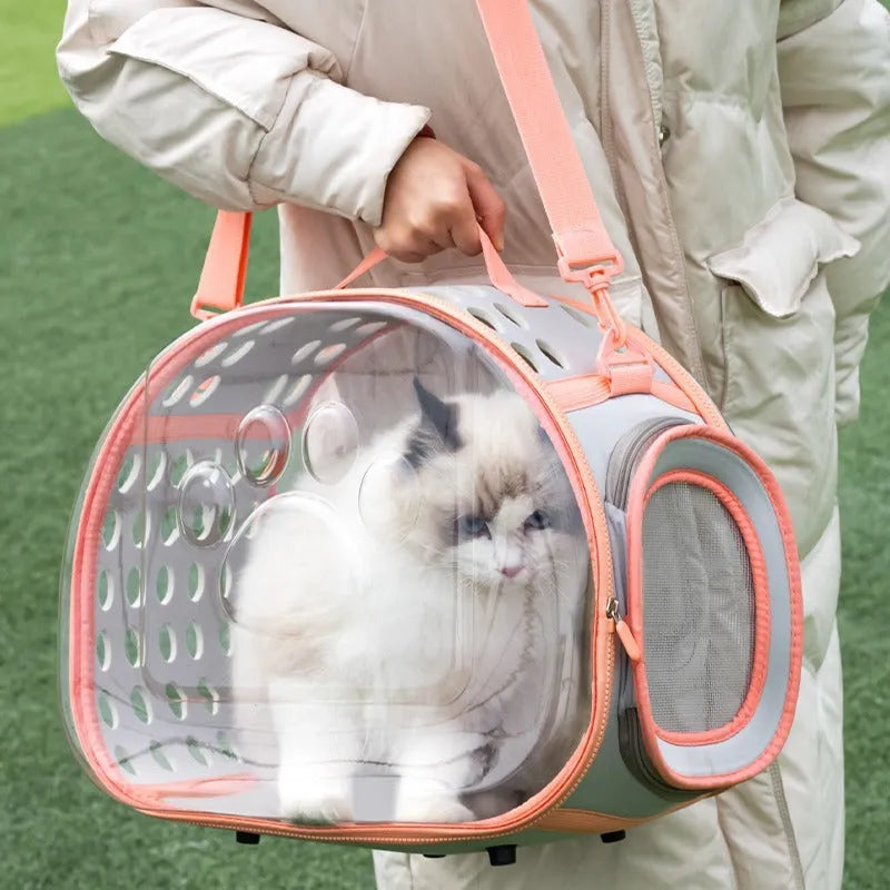 Transparent hard-shell space capsule backpack for a cat, shown in a choice of colours including grass green and pink.