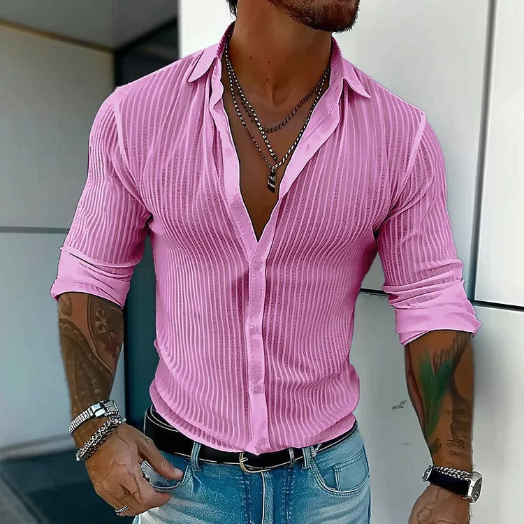 Man wearing a striped British style loose fit long sleeve cardigan shirt.