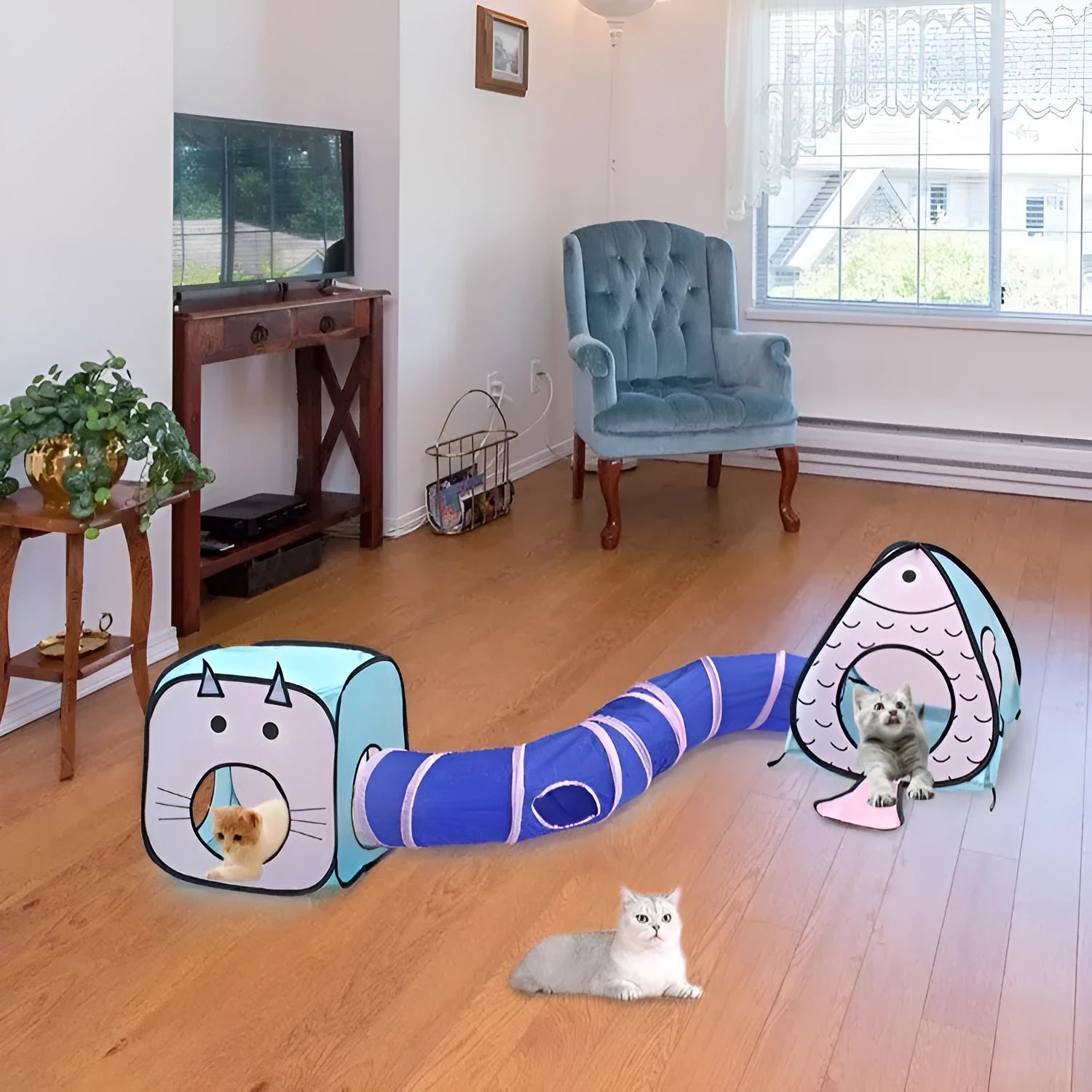 Foldable cat tunnel pet tent with fish design pattern, made from polypropylene plastic