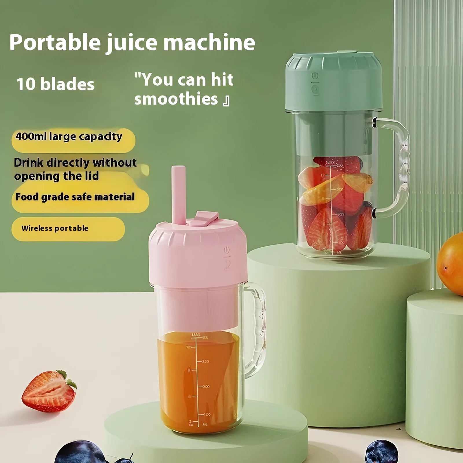 Mini USB-powered personal juicer in avocado green colour with multiple blade options