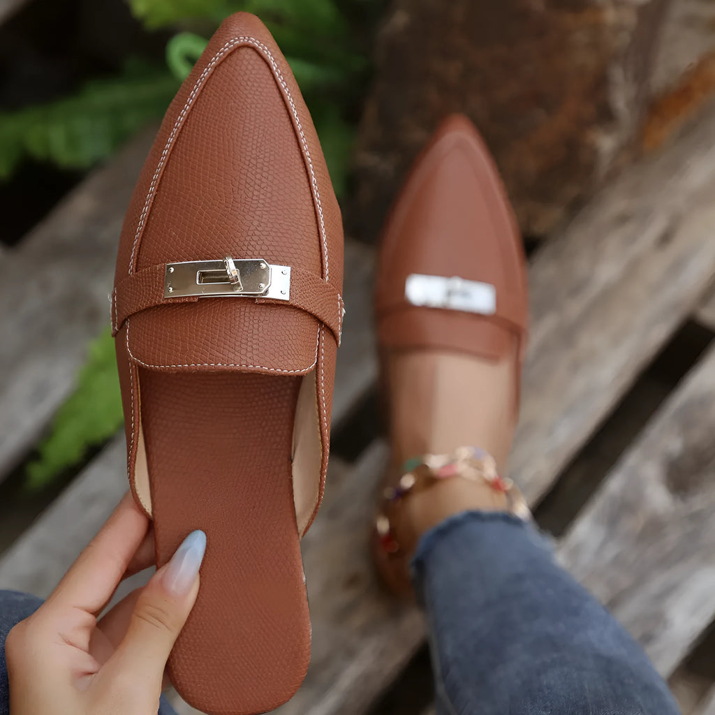 Light brown women's pointed-toe low-heel semi-slippers with a PU upper and rubber sole.