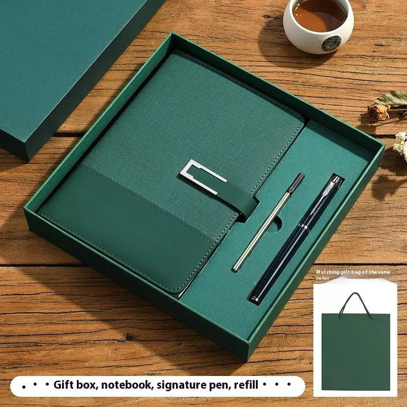 A5 business notebook with PU leather cover in brown, black, green, blue, or red, alongside a luxury gift box.