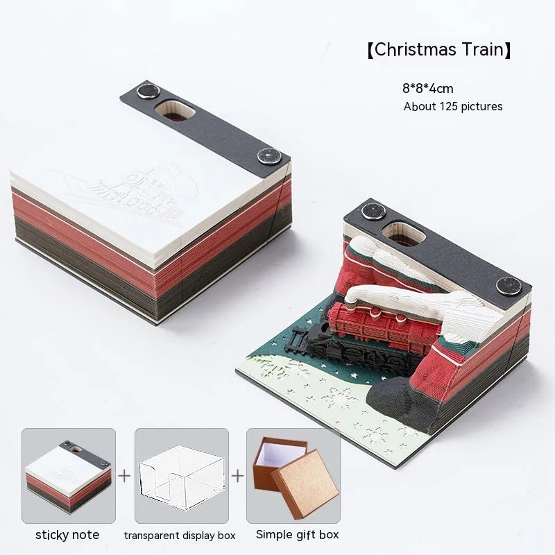3D paper carving sticky notes model of Qingshui Temple with Christmas Train colour cover