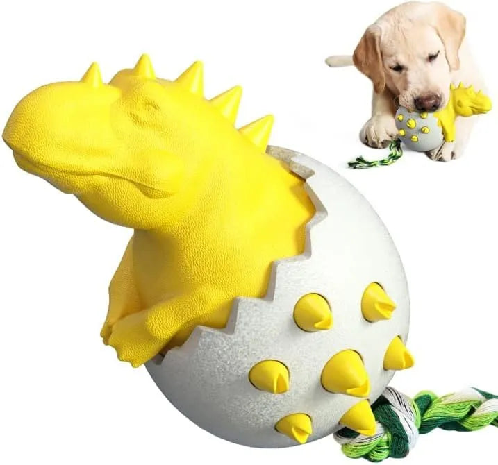Durable dinosaur design dog chew toy with rope in blue, green, orange, or yellow colours