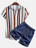Man wearing a digitally printed short sleeve cardigan and matching shorts suit in colour Suit 52.