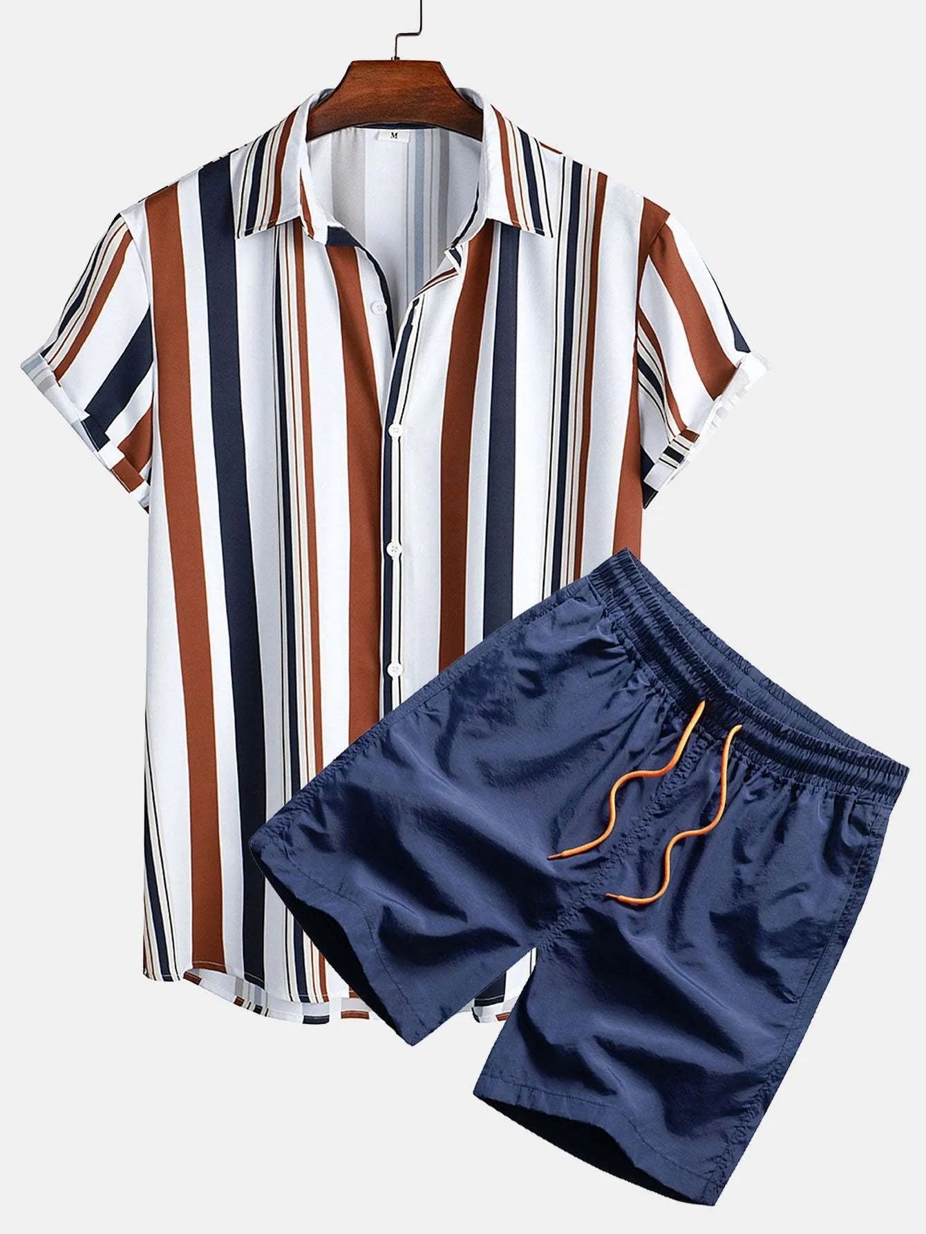 Man wearing a digitally printed short sleeve cardigan and matching shorts suit in colour Suit 52.