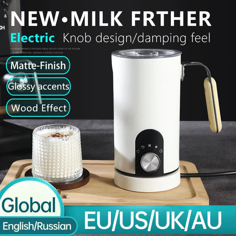 White knob-style milk frother with stainless steel body and 350ml capacity on countertop