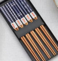Five pairs of bamboo chopsticks with Japanese cartoon patterns in lucky cat or blue designs