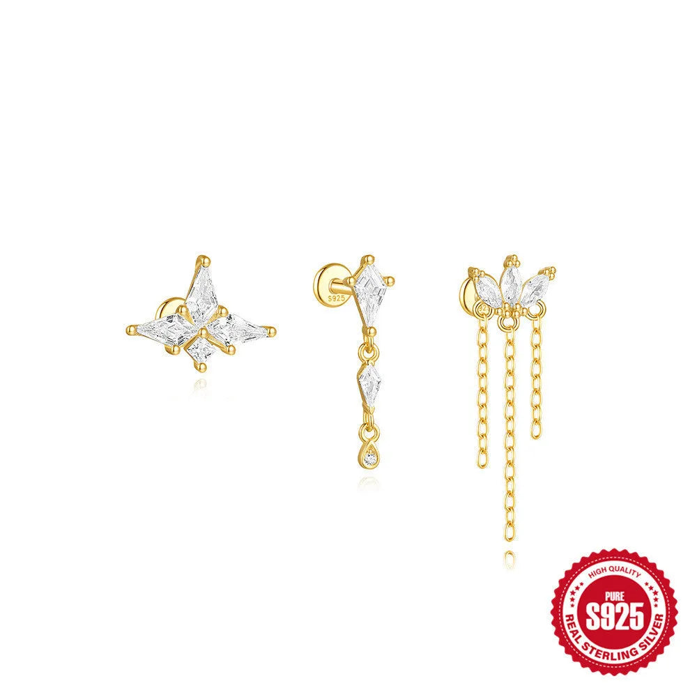S925 sterling silver geometric kite-shaped earrings with rhinestone chain tassel in gold colour