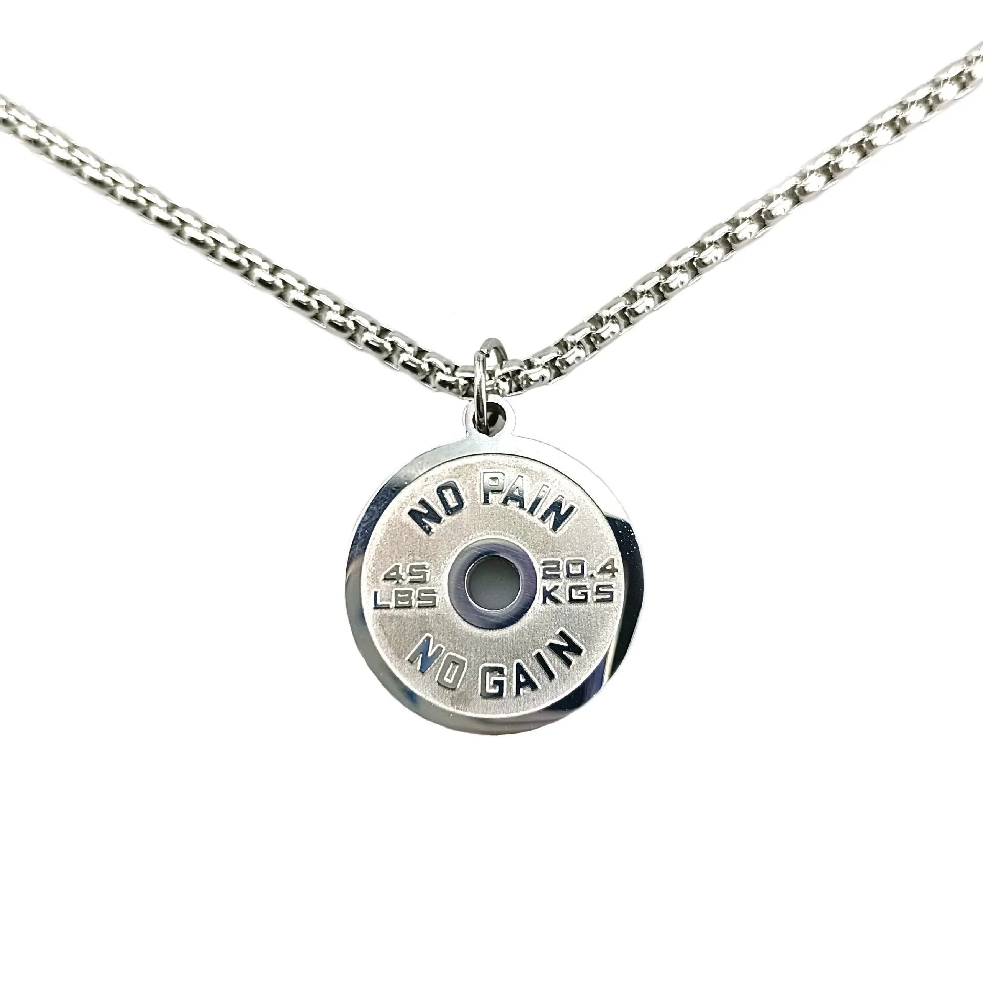 Polished stainless steel barbell disk pendant necklace available in black, gold, and pearl chain styles for fitness fashion