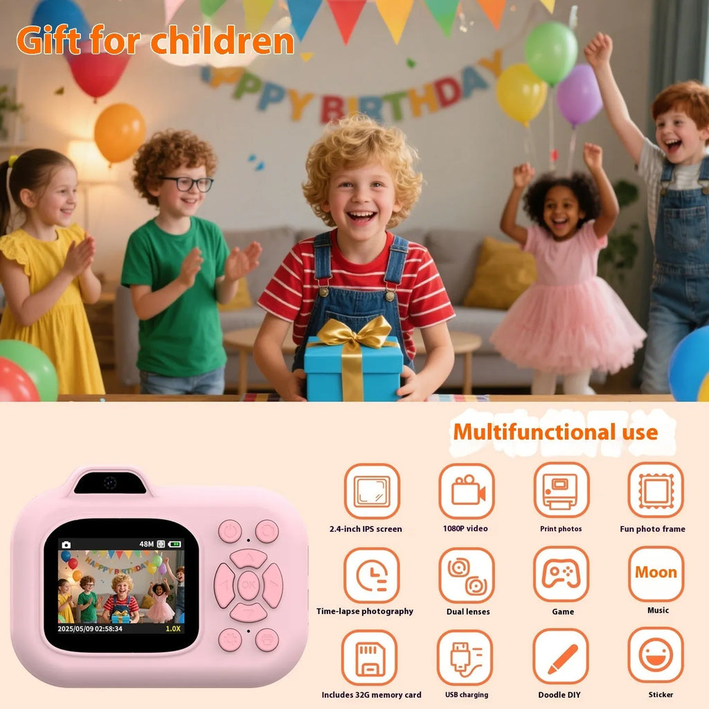 Children's plastic camera in blue colour with video recording and photo sticker functionality