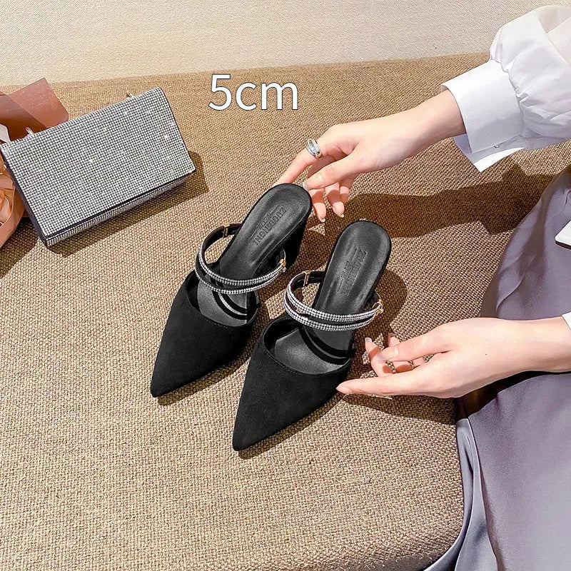 Women's thick heel toe box plus size high heel shoes in suede with pointed toe