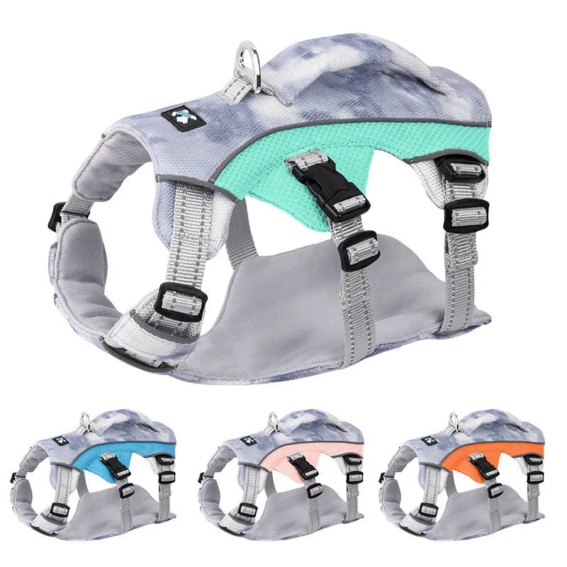 Reflective dog chest strap with cooling feature in light blue, shown on a dog.