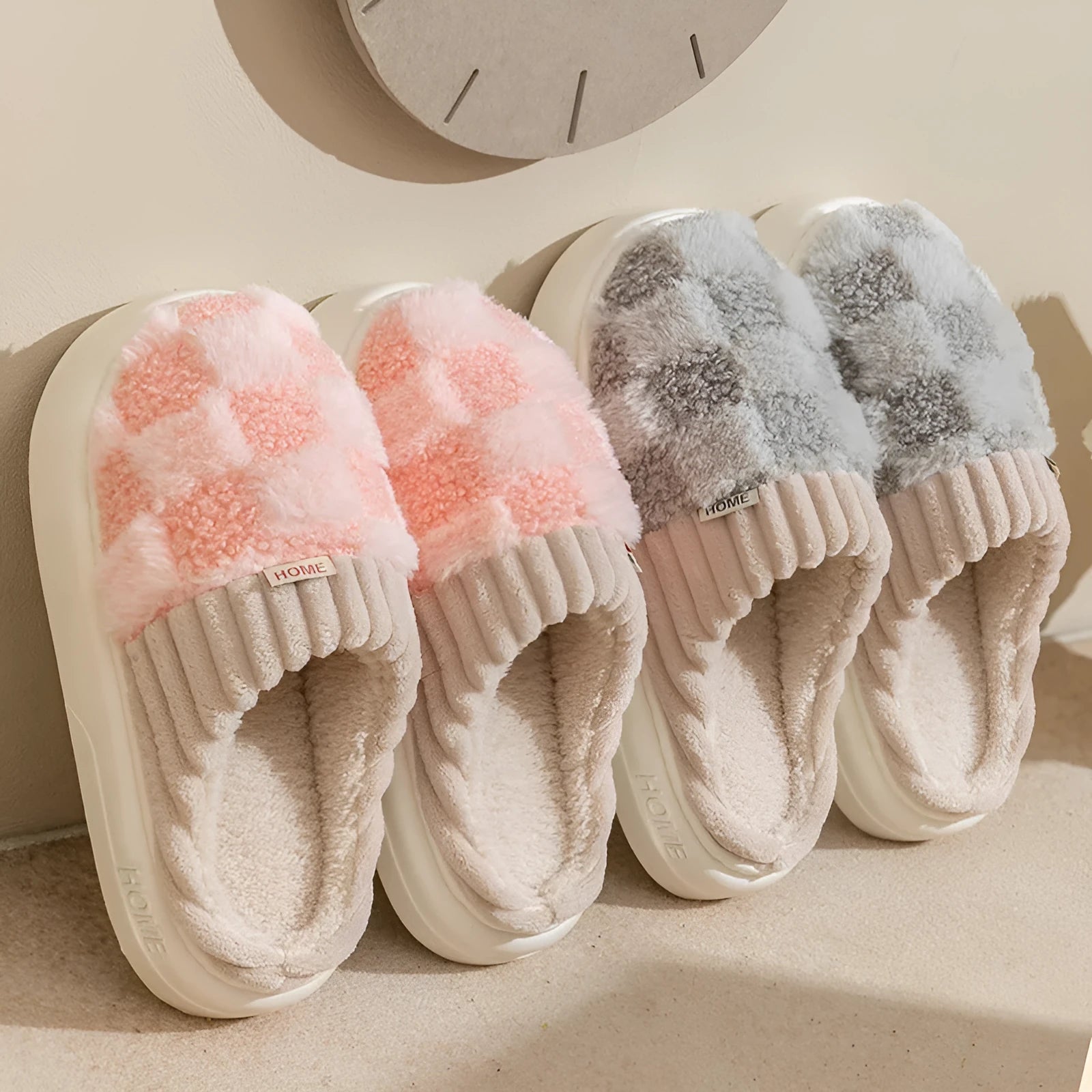 Plaid pattern women's plush indoor slippers with anti-slip soles in multiple colour options