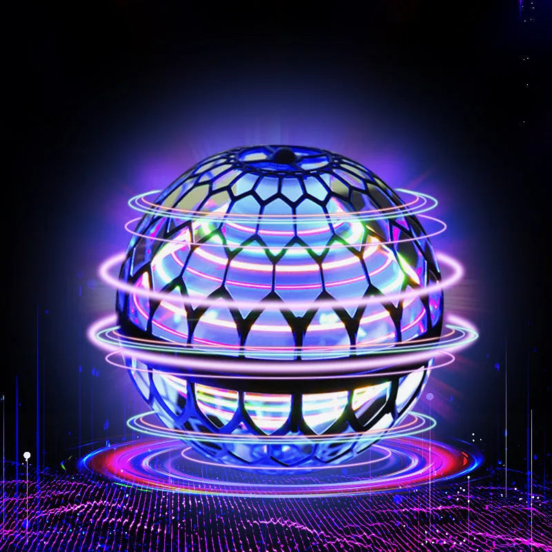 Spinning flying ball drone toy with LED lights in blue pink or red colours showing boomerang flight path