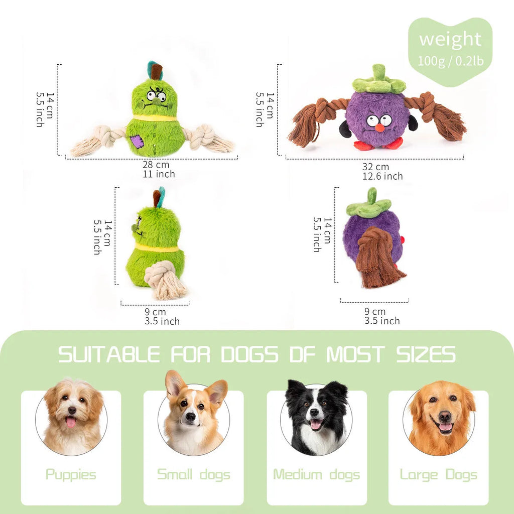 Green and purple interactive dog toy showing a plush rope knot and a molar tooth design for tugging and chewing.