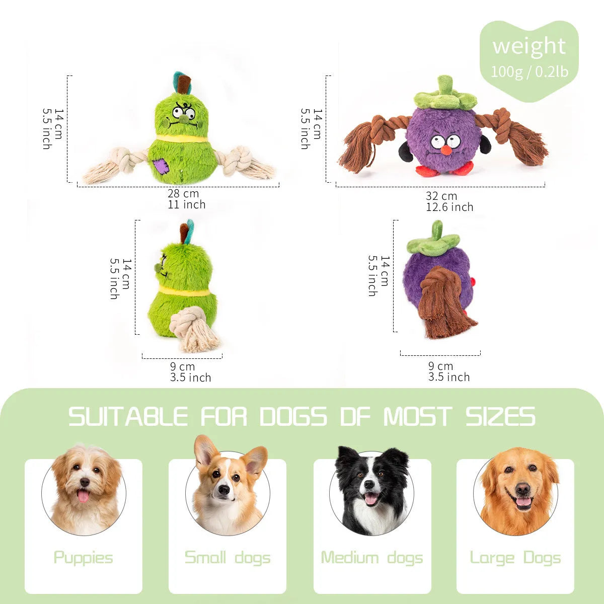 Green and purple interactive dog toy showing a plush rope knot and a molar tooth design for tugging and chewing.