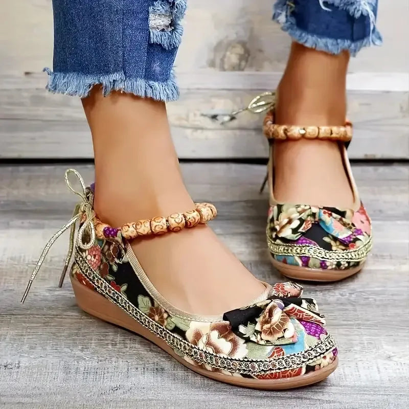 Women's black plus size ethnic platform sandals with cloth upper and elastic band