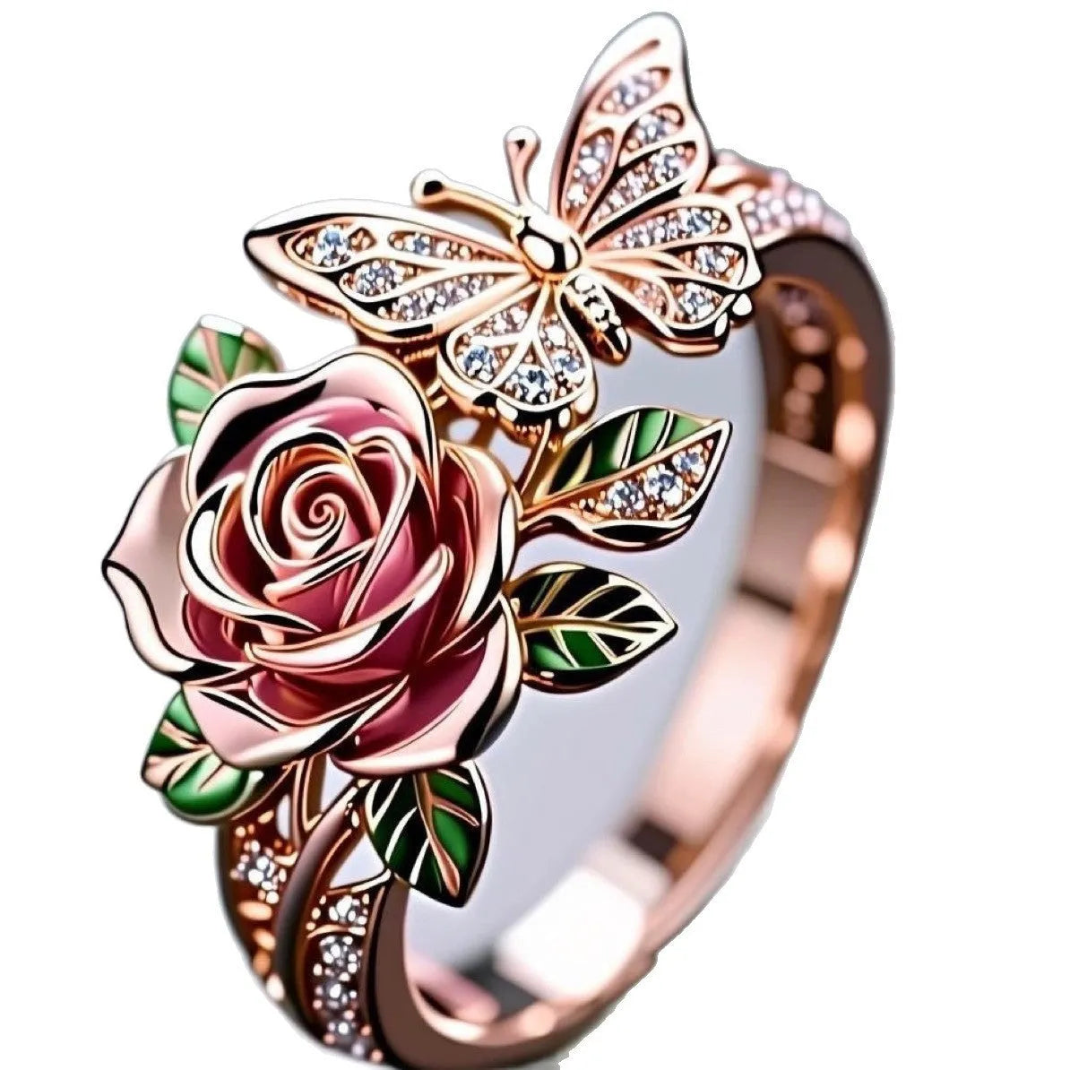 Adjustable alloy butterfly personality ring with dripping oil colour treatment showing fairy style flower and insect details