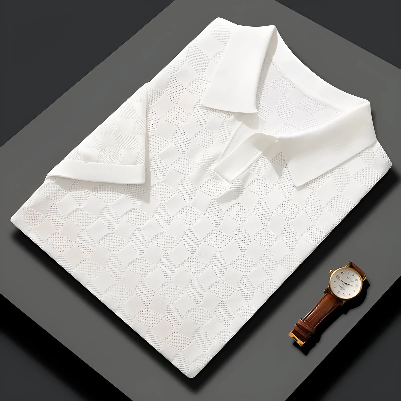 Man's short sleeve lapel sweater in Mulberry Silk, solid colour with Jacquard pattern