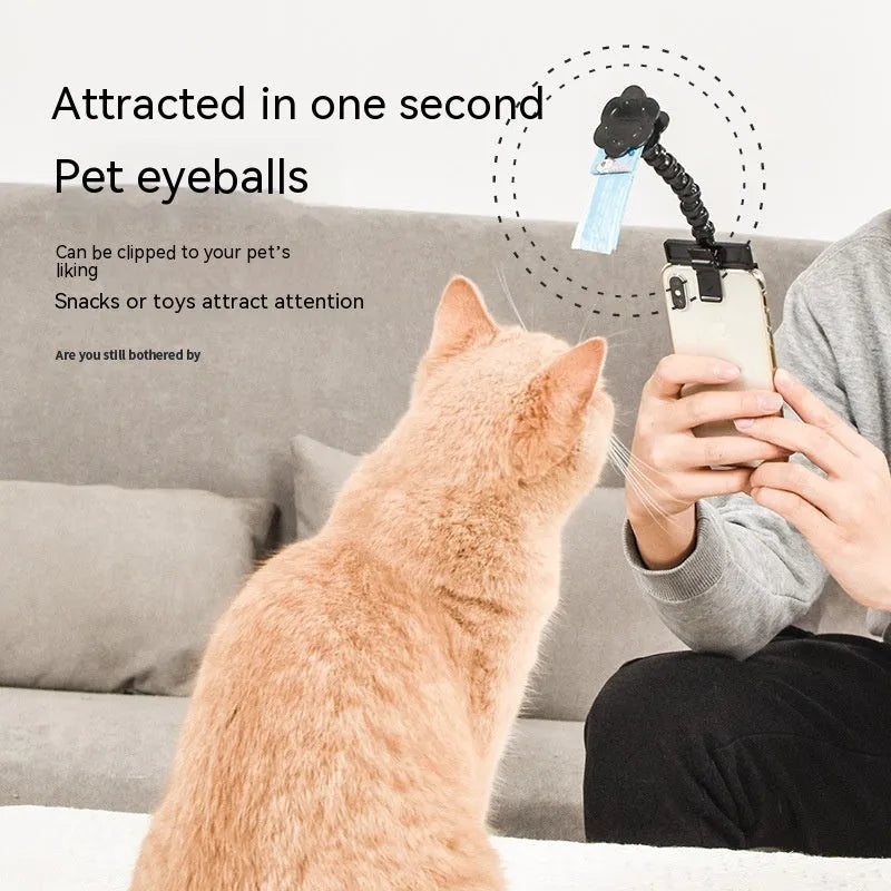 Black pet photography tool with phone clamp and treat holder for cat and dog photography