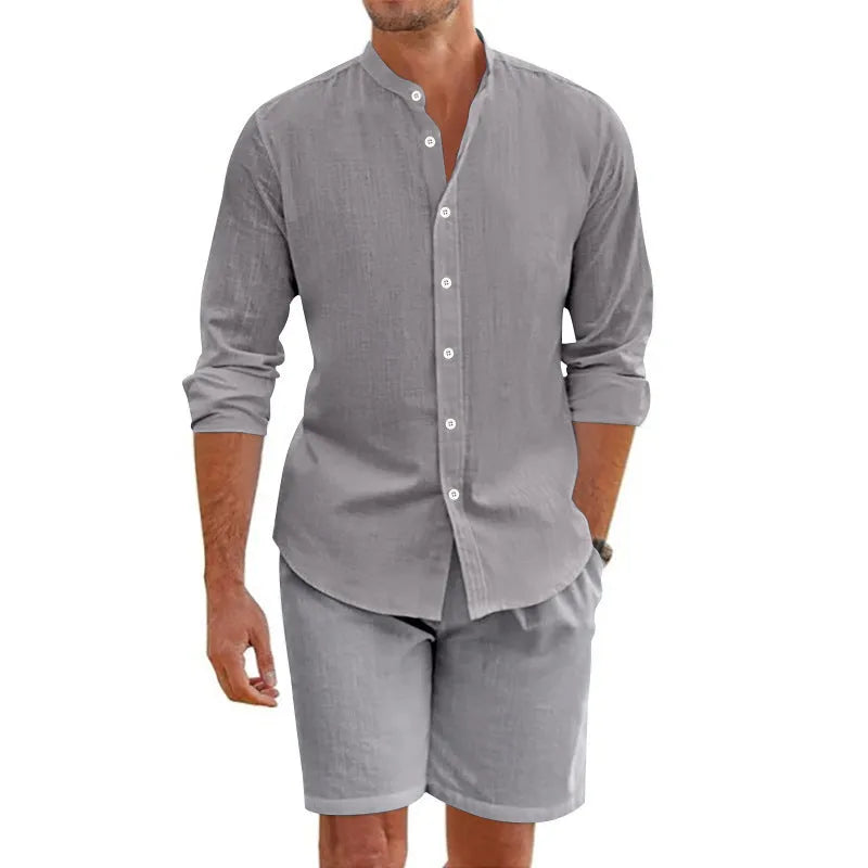 Men's linen blend summer shirt suit set with button-down top and drawstring shorts in multiple colour options