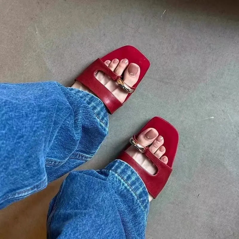 Plus size square head outdoor slippers in leather and rubber, shown in black colour.