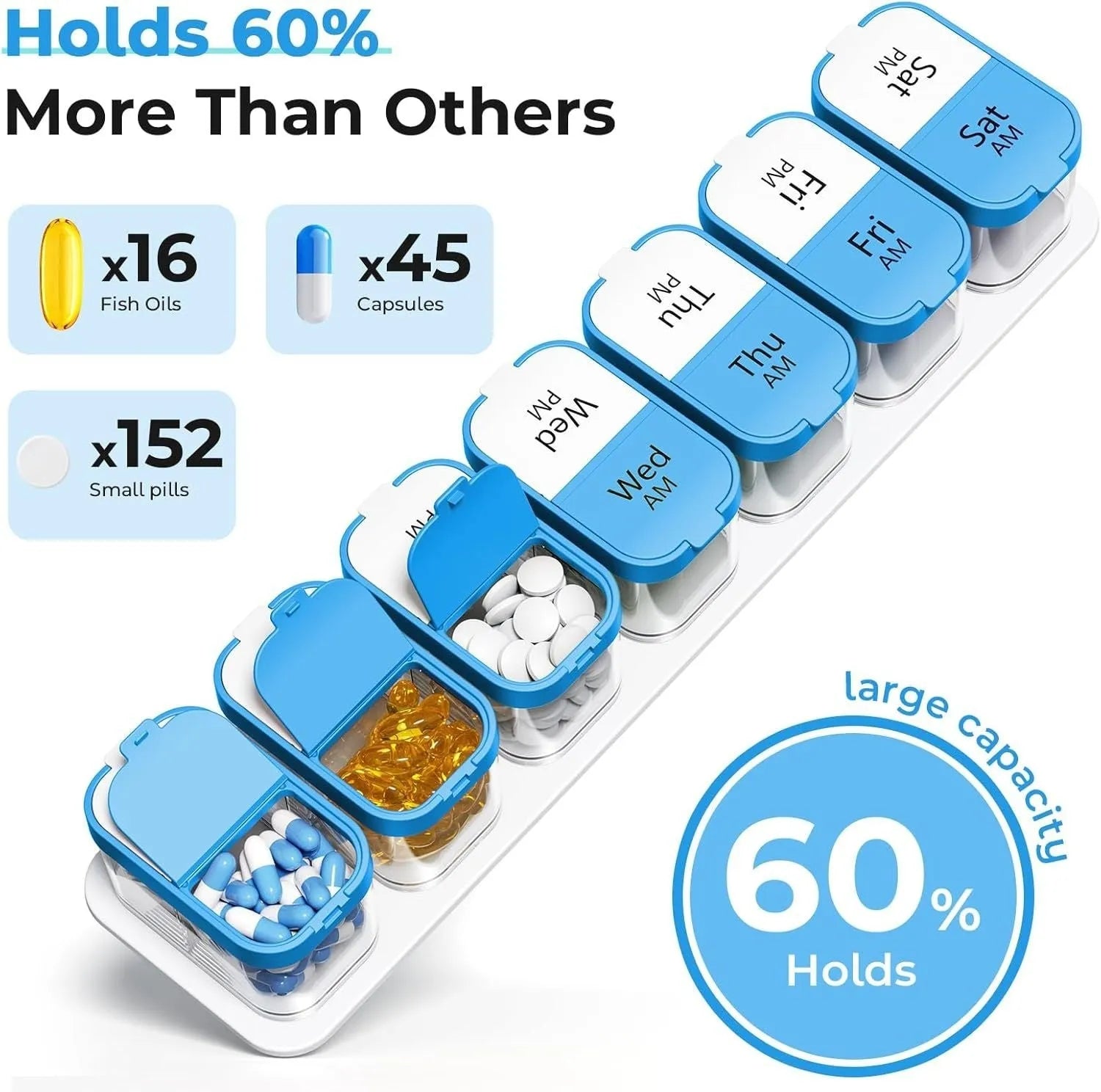 Amazon extra large portable pill dispenser with 14 removable compartments in white or rainbow colours