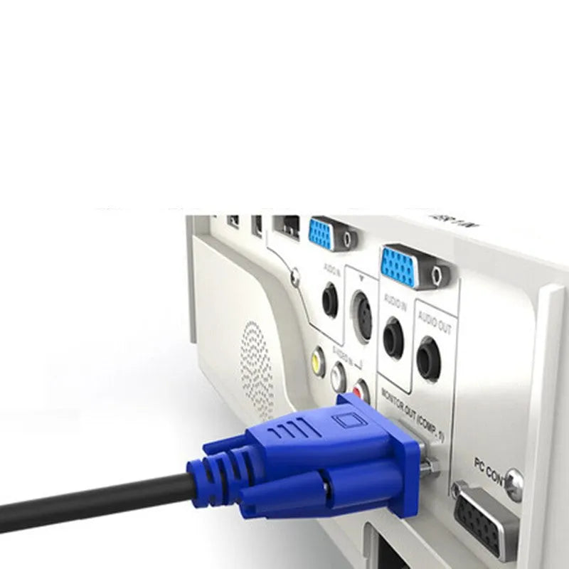 Black VGA cable with blue connector housings and nickel-plated terminals for computer monitor connections