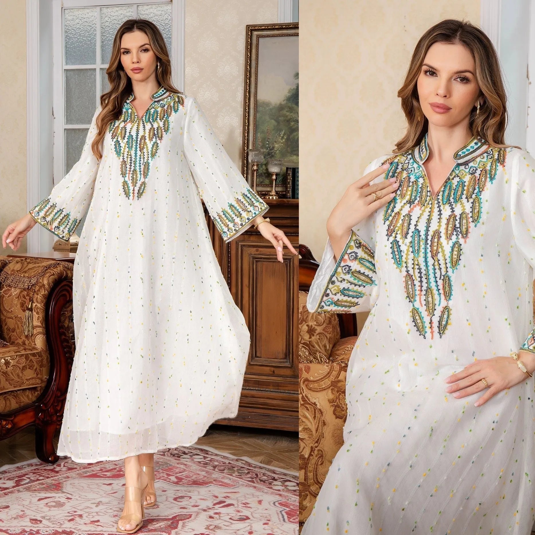 White long sleeve Arabic robe for women, Dubai style, with full-length skirt.