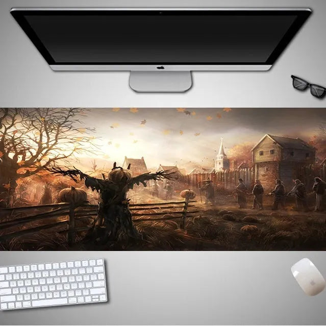 Halloween-themed oversized mouse pad showing rubber cloth texture and non-slip base