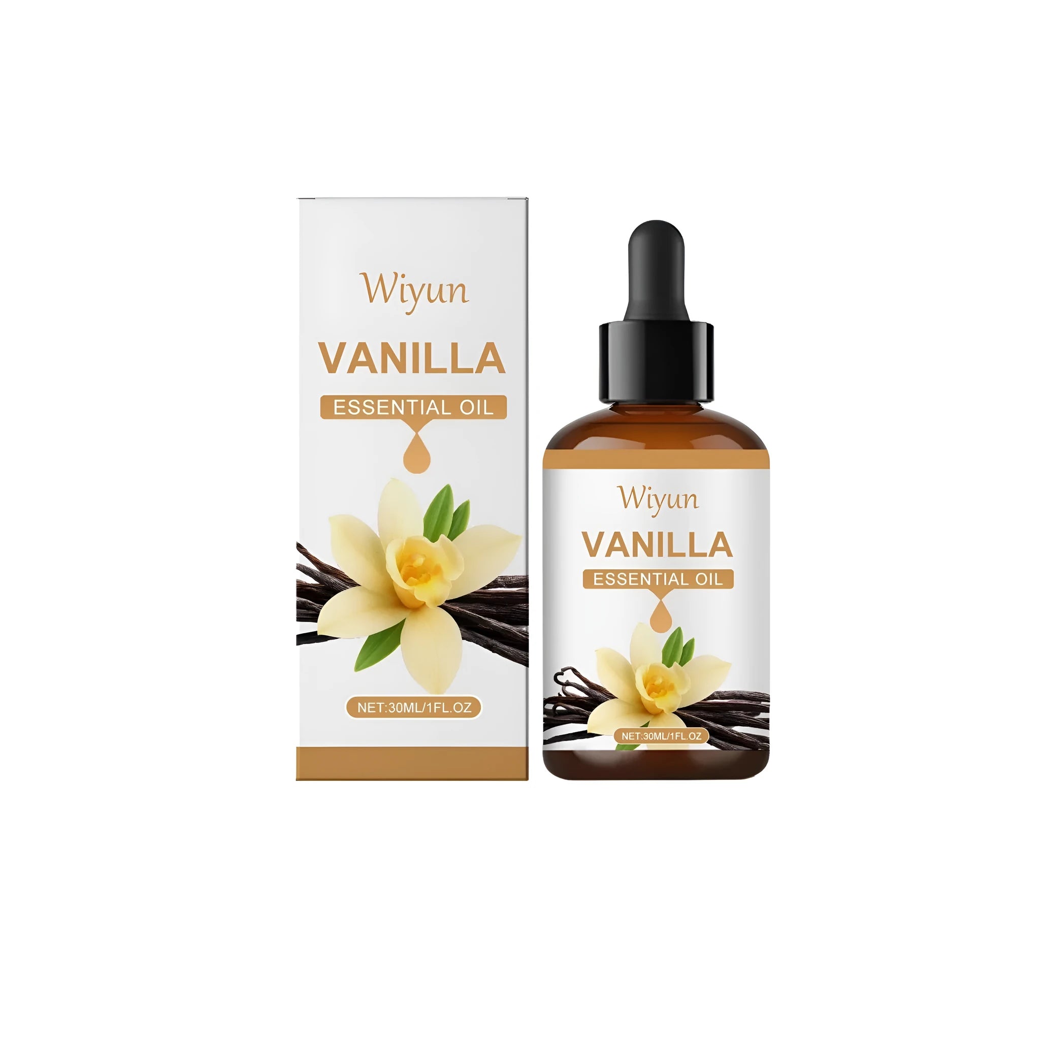 30ml glass bottle of vanilla flavoured essential oil with dropper