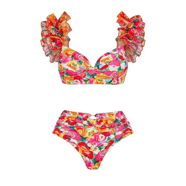 Women's high-waisted floral push-up bikini set with matching swim skirt