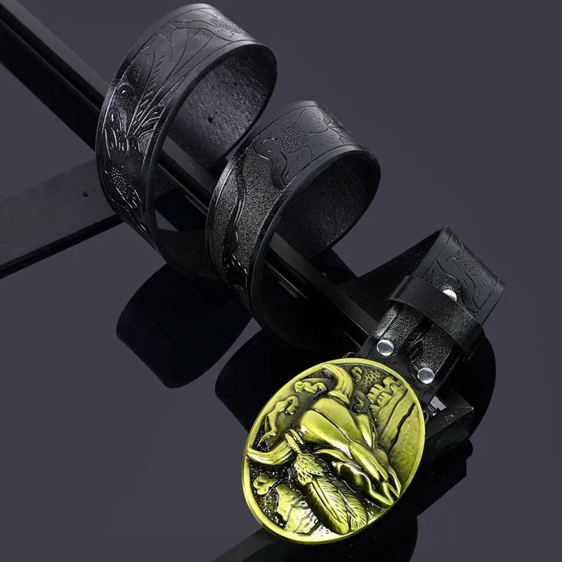 Men's black imitation leather belt with a detailed silver-toned alloy cow head buckle and pin buckle fastening.
