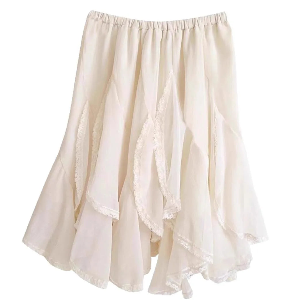French irregular lace patch high-waisted slimming tulle skirt in Apricot, A-line solid colour polyester short skirt for women