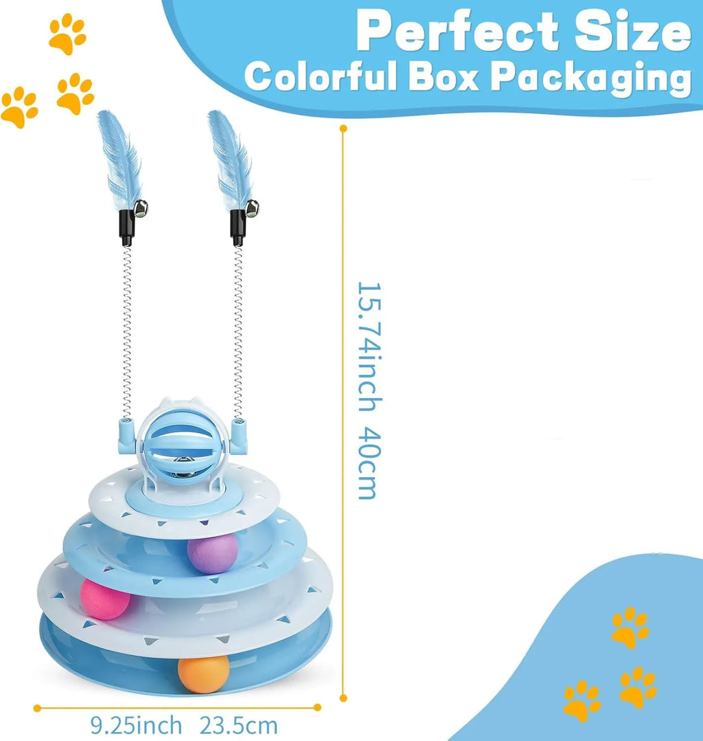Blue 4-tier interactive cat puzzle toy carousel with six coloured balls and two teasing rods.
