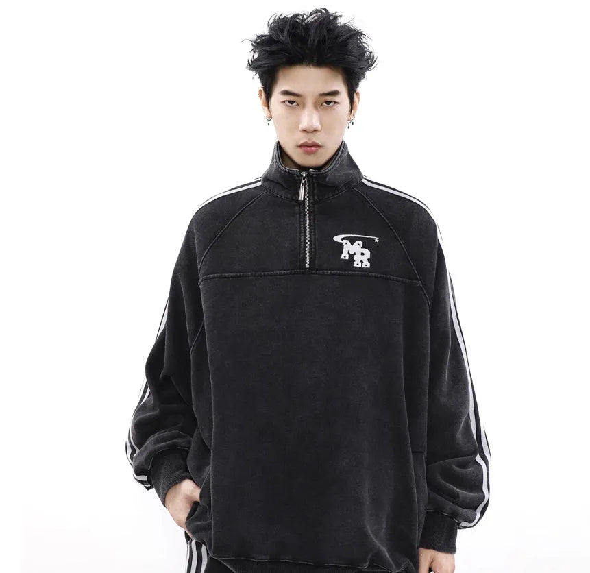 Black long sleeve sports hoodie with stand collar showing Hong Kong style details