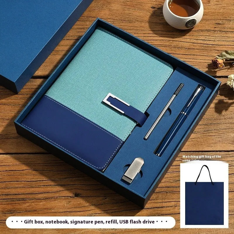 A5 business notebook with PU leather cover in brown, black, green, blue, or red, alongside a luxury gift box.