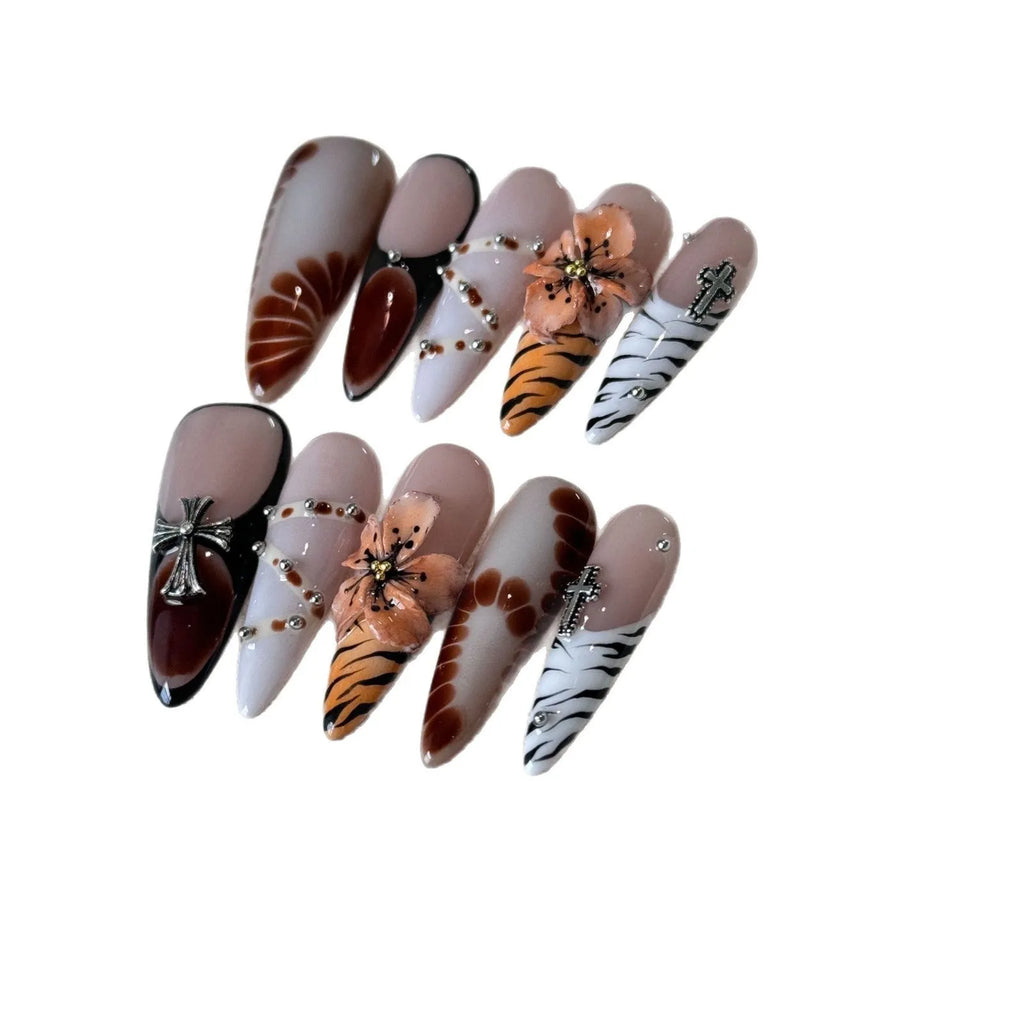 Handmade French style leopard print artificial nail sticker set with cross and flower designs