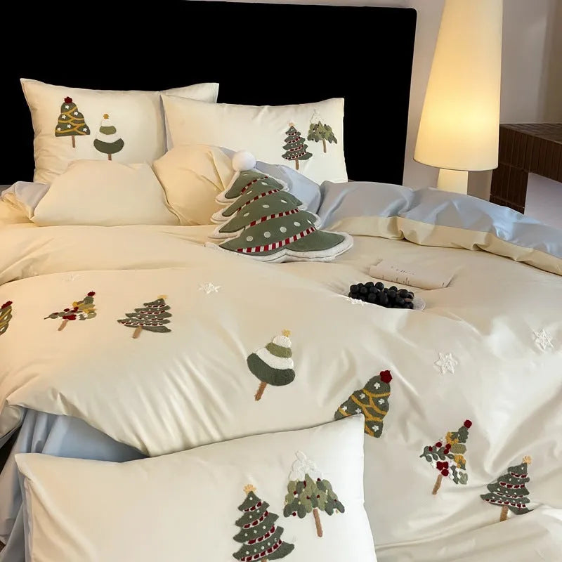Pure cotton four-piece bedding set with embroidered Christmas tree towel design on plant and flower pattern